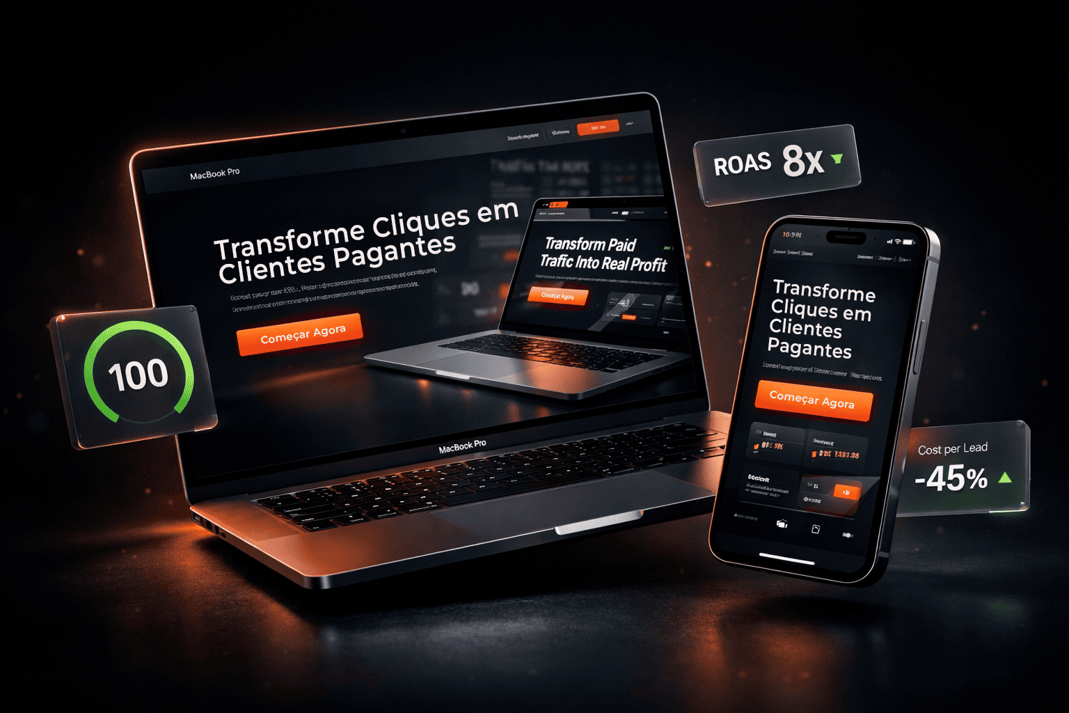 Mockup de Landing Page de Alta Performance com indicadores de velocidade e retorno